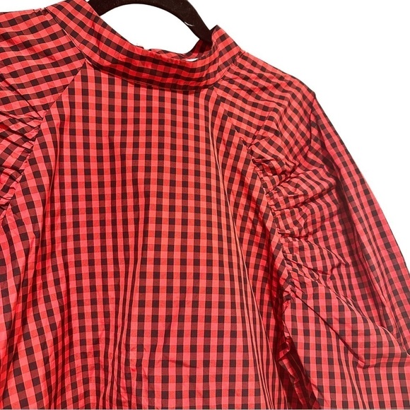 H&M Puff Long Sleeve Blouse Checked Red Black Low Stand Up Collar Covered Button - Picture 5 of 11